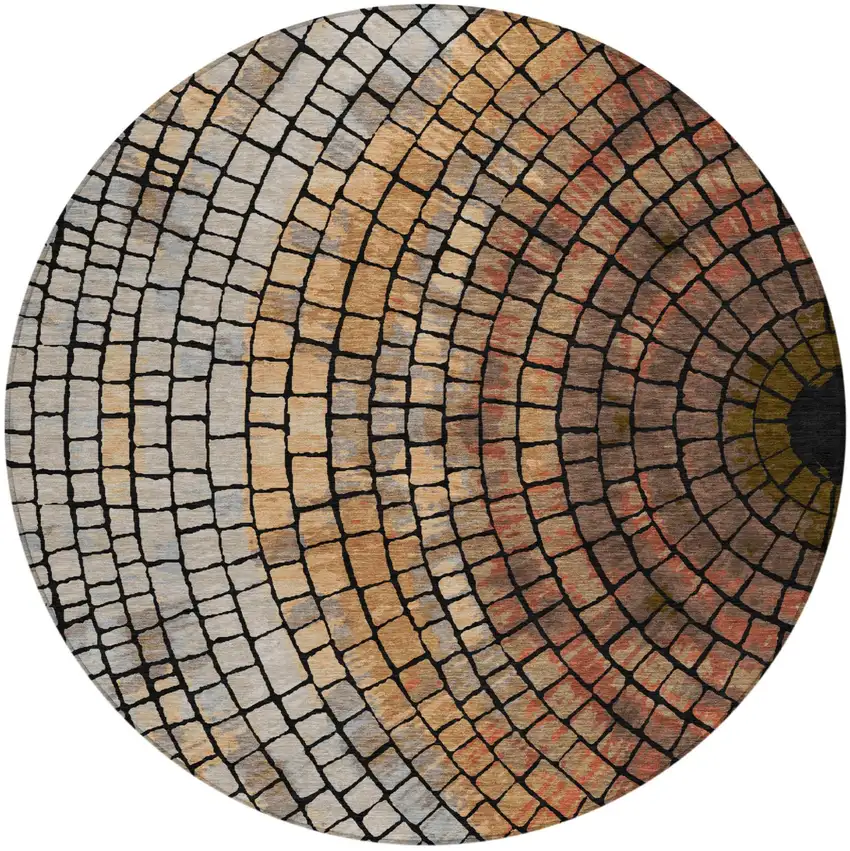 8' Copper And Orange Round Geometric Washable Indoor Outdoor Area Rug Photo 2