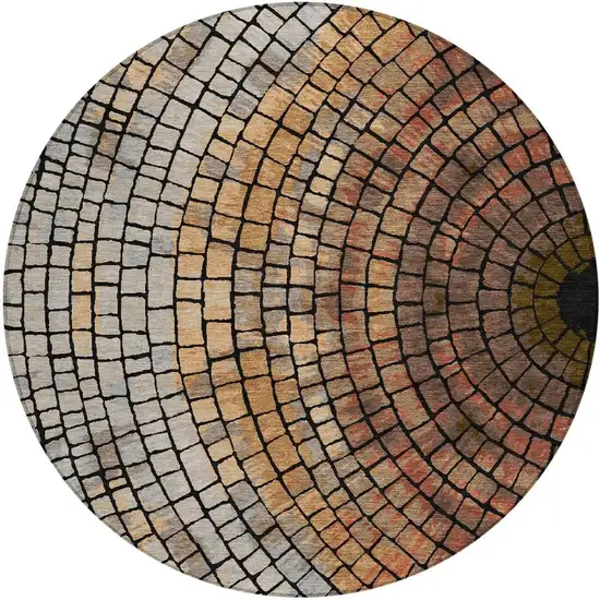 8' Copper And Orange Round Geometric Washable Indoor Outdoor Area Rug Photo 4