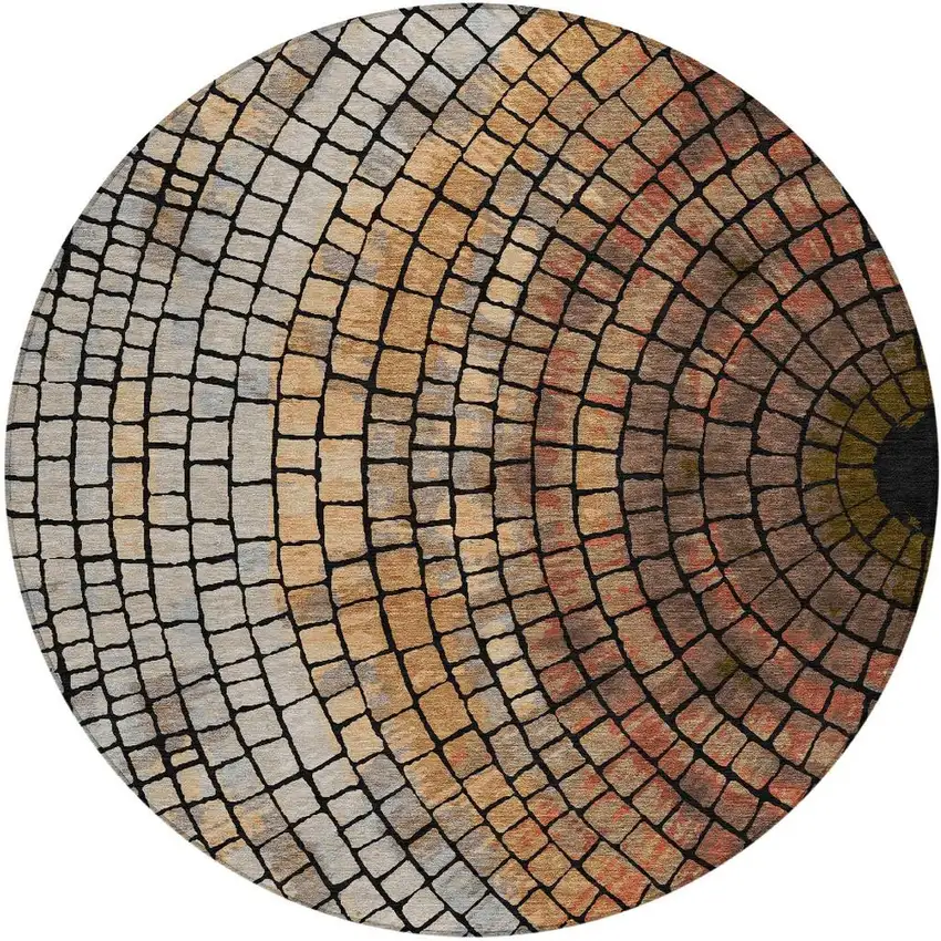 8' Copper And Orange Round Geometric Washable Indoor Outdoor Area Rug Photo 4