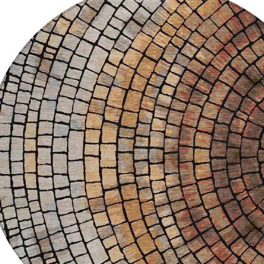 8' Copper And Orange Round Geometric Washable Indoor Outdoor Area Rug Photo 3
