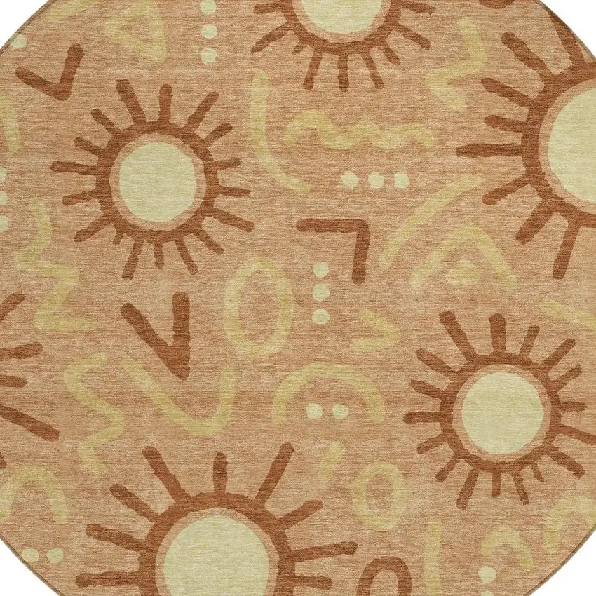 8' Copper And Orange Round Geometric Washable Indoor Outdoor Area Rug Photo 2