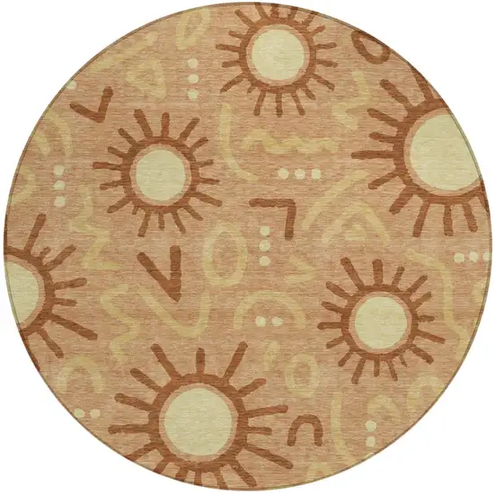 8' Copper And Orange Round Geometric Washable Indoor Outdoor Area Rug Photo 1