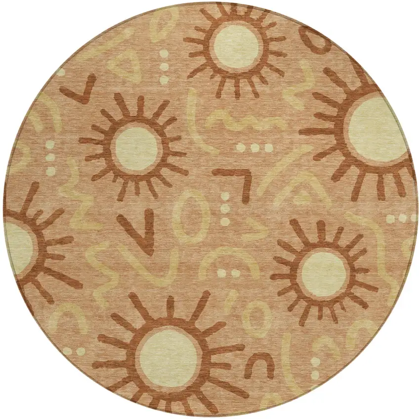 8' Copper And Orange Round Geometric Washable Indoor Outdoor Area Rug Photo 1