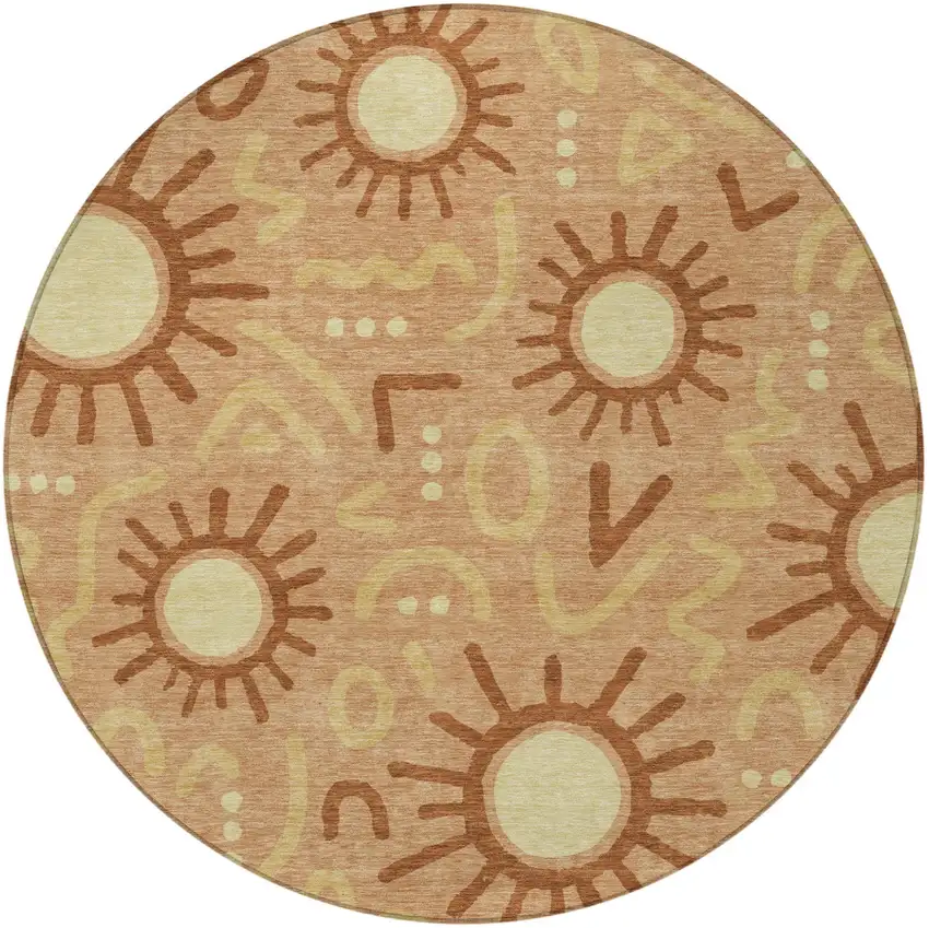 8' Copper And Orange Round Geometric Washable Indoor Outdoor Area Rug Photo 3