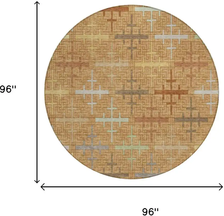 8' Copper And Orange Round Geometric Washable Indoor Outdoor Area Rug Photo 5
