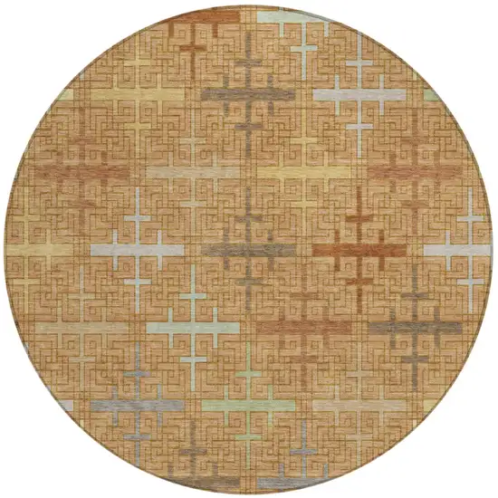 8' Copper And Orange Round Geometric Washable Indoor Outdoor Area Rug Photo 2