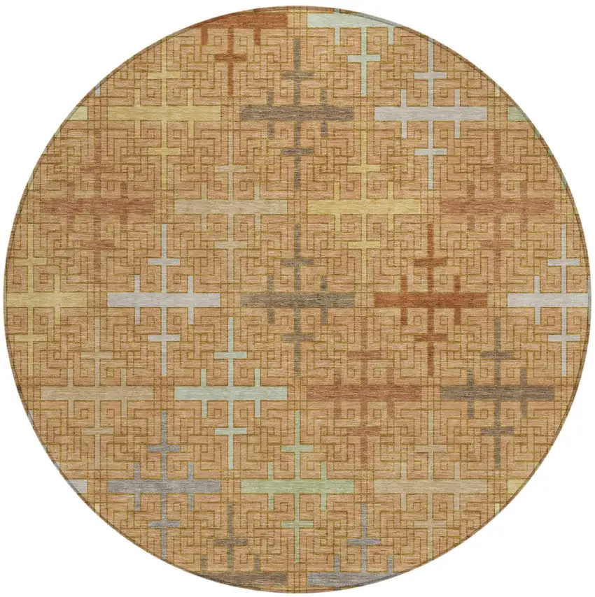 8' Copper And Orange Round Geometric Washable Indoor Outdoor Area Rug Photo 2
