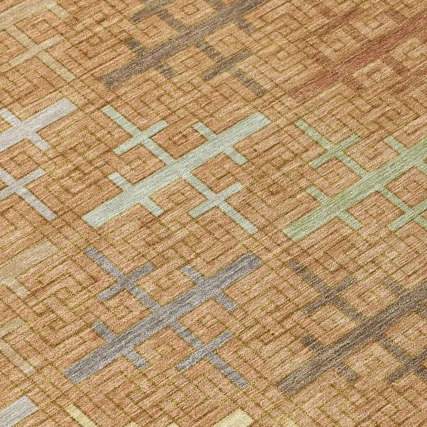 8' Copper And Orange Round Geometric Washable Indoor Outdoor Area Rug Photo 4