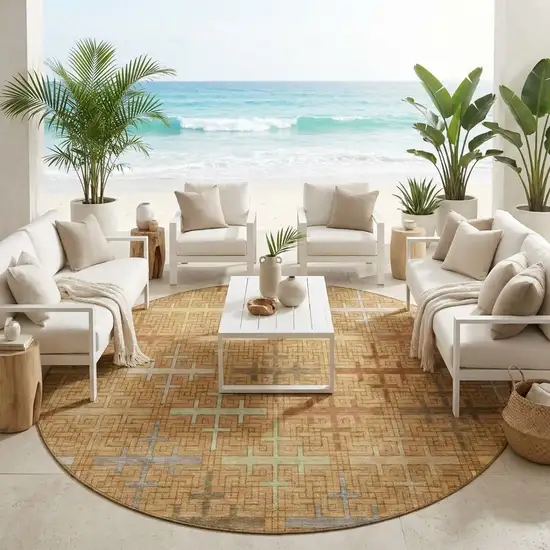 8' Copper And Orange Round Geometric Washable Indoor Outdoor Area Rug Photo 1