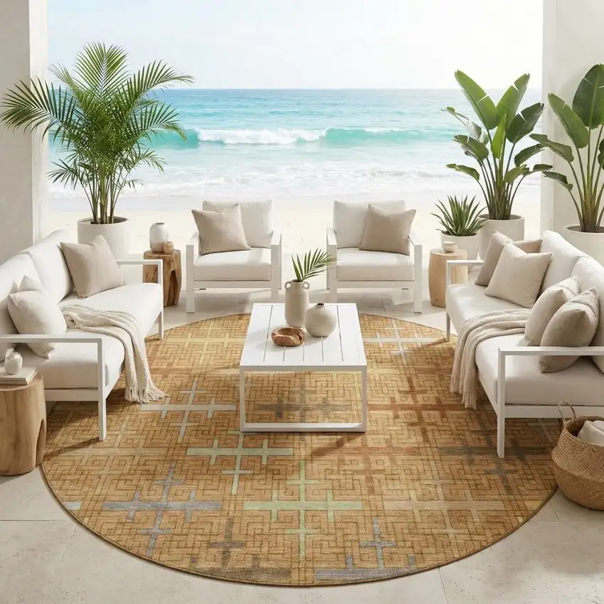 8' Copper And Orange Round Geometric Washable Indoor Outdoor Area Rug Photo 1