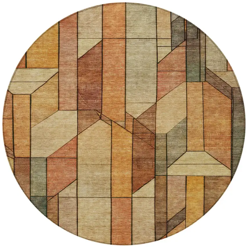 8' Copper And Orange Round Geometric Washable Indoor Outdoor Area Rug Photo 3