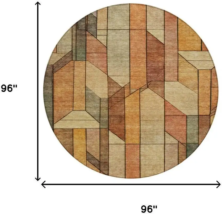 8' Copper And Orange Round Geometric Washable Indoor Outdoor Area Rug Photo 6