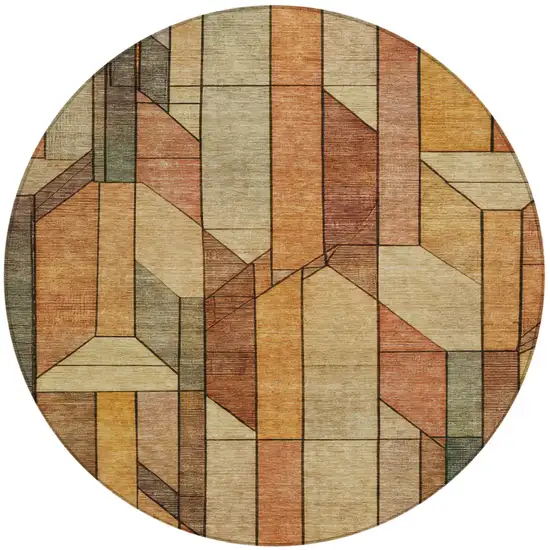8' Copper And Orange Round Geometric Washable Indoor Outdoor Area Rug Photo 2