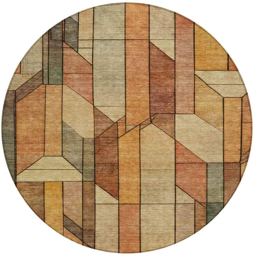8' Copper And Orange Round Geometric Washable Indoor Outdoor Area Rug Photo 2