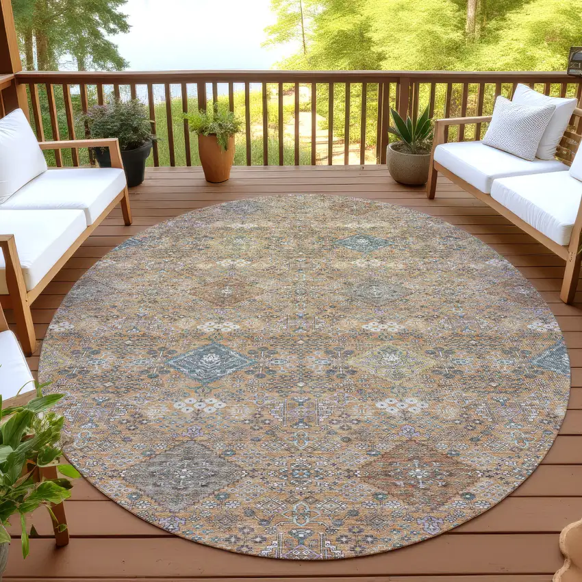 8' Copper And Orange Round Oriental Washable Indoor Outdoor Area Rug Photo 4