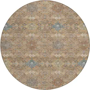 Photo of 8' Copper And Orange Round Oriental Washable Indoor Outdoor Area Rug