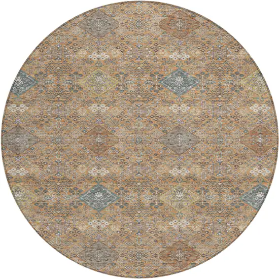 8' Copper And Orange Round Oriental Washable Indoor Outdoor Area Rug Photo 1