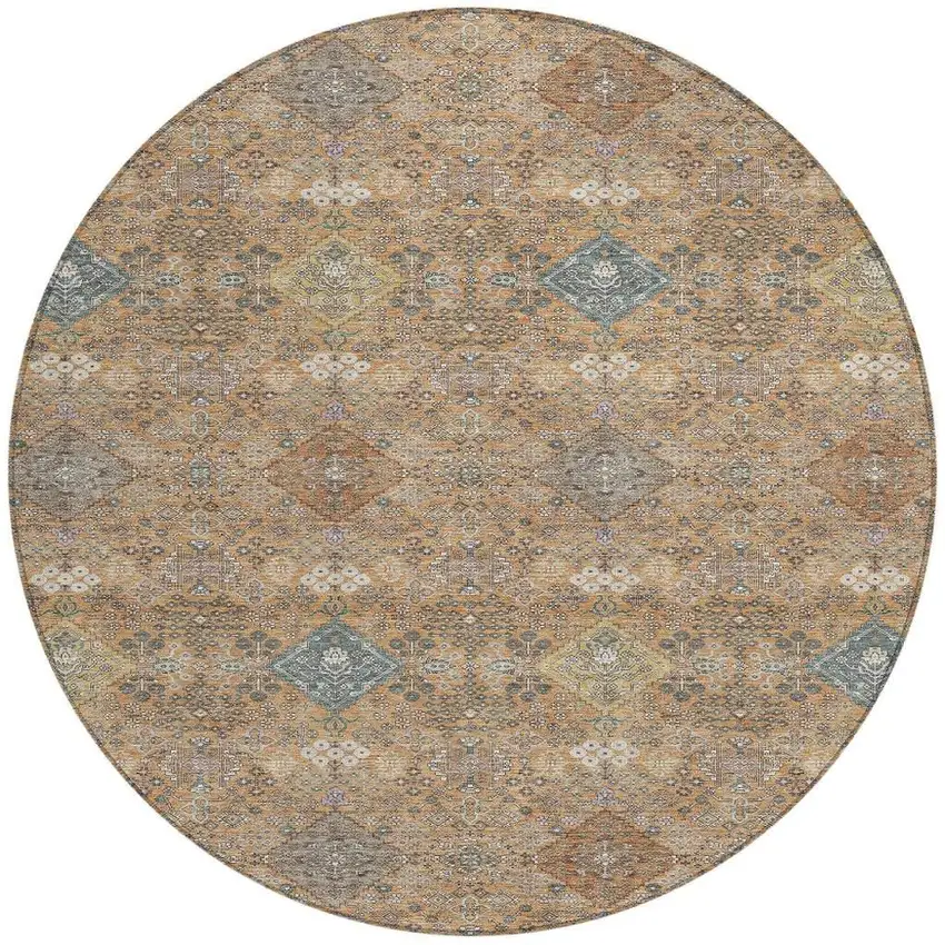 8' Copper And Orange Round Oriental Washable Indoor Outdoor Area Rug Photo 3