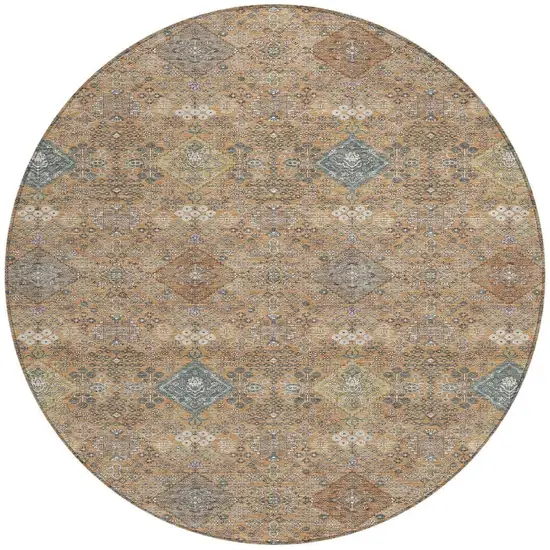 8' Copper And Orange Round Oriental Washable Indoor Outdoor Area Rug Photo 3