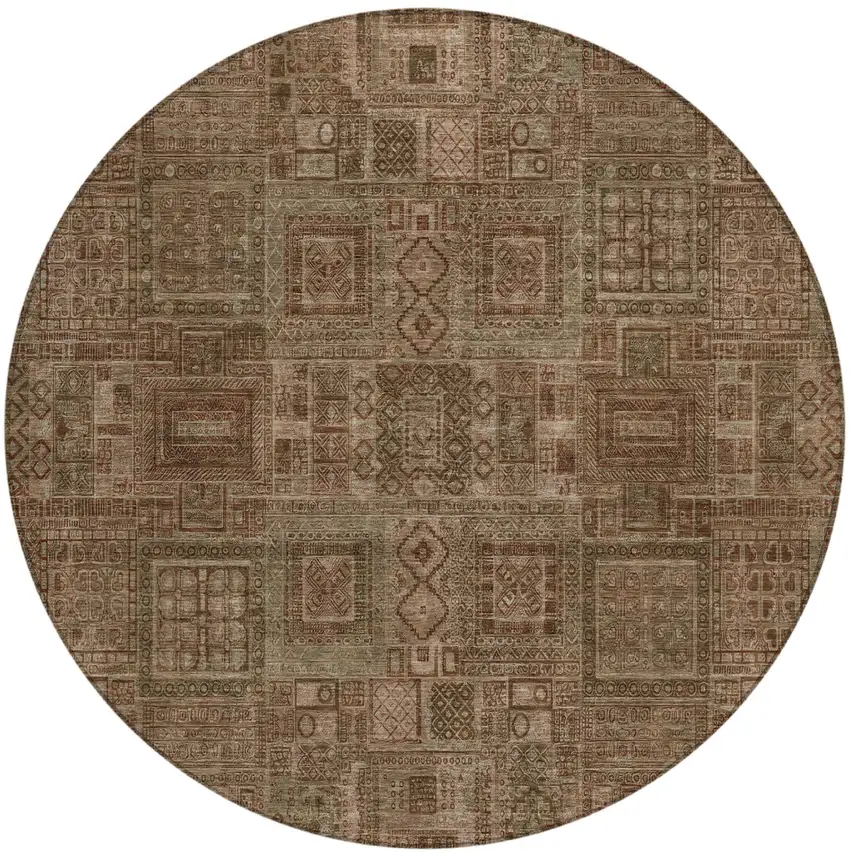 8' Copper And Orange Round Oriental Washable Indoor Outdoor Area Rug Photo 2
