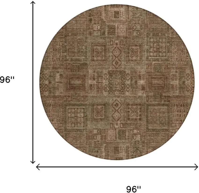 8' Copper And Orange Round Oriental Washable Indoor Outdoor Area Rug Photo 5