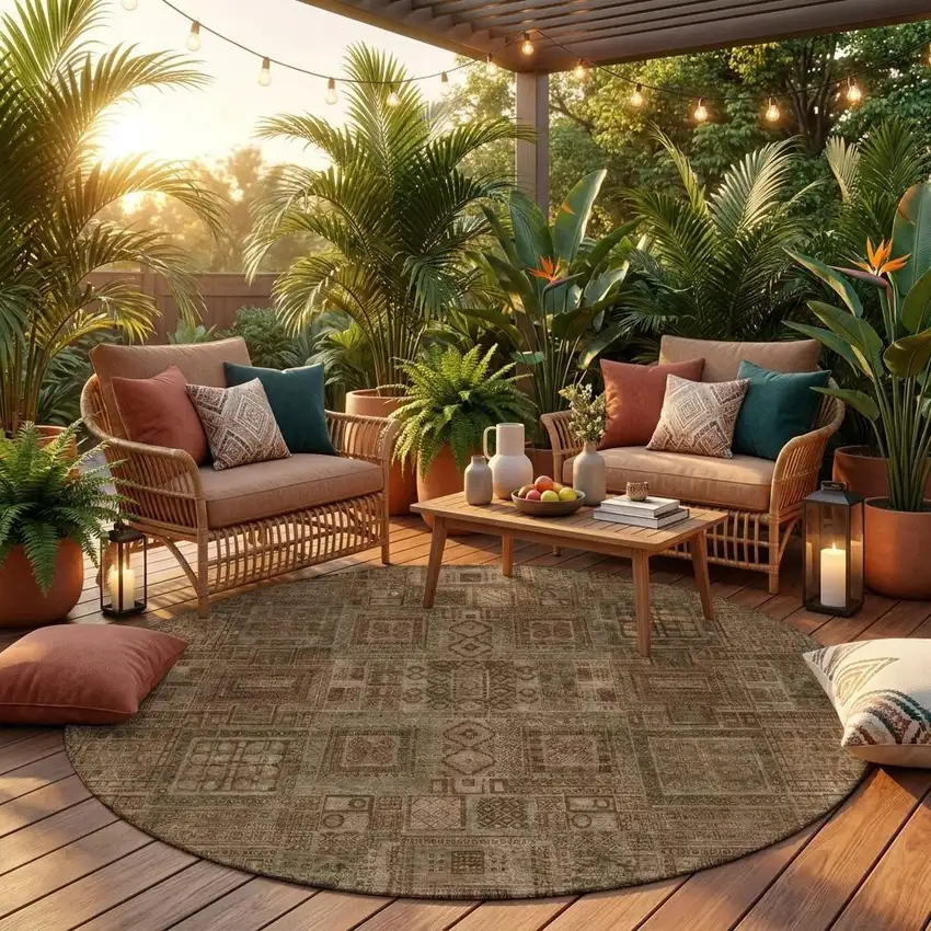 8' Copper And Orange Round Oriental Washable Indoor Outdoor Area Rug Photo 1