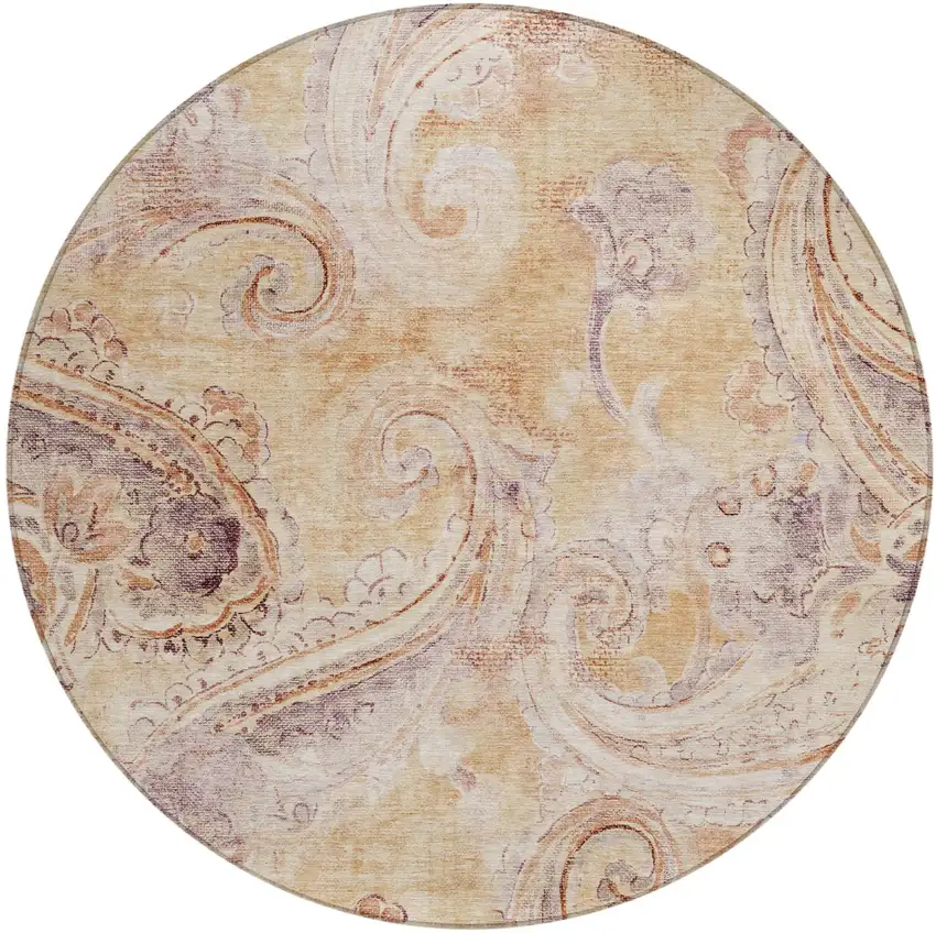 8' Copper And Orange Round Paisley Washable Indoor Outdoor Area Rug Photo 2