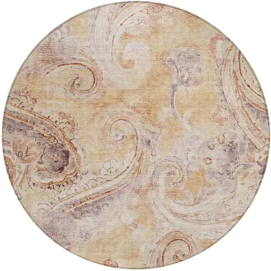 8' Copper And Orange Round Paisley Washable Indoor Outdoor Area Rug Photo 2