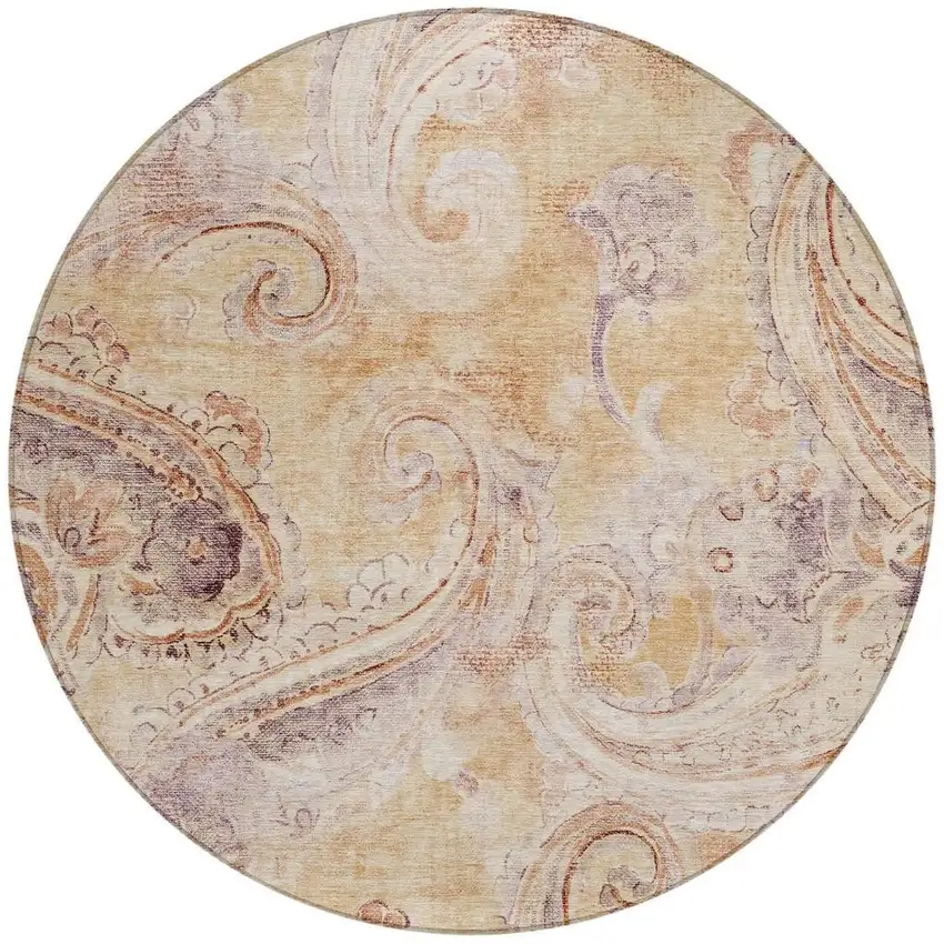 8' Copper And Orange Round Paisley Washable Indoor Outdoor Area Rug Photo 3