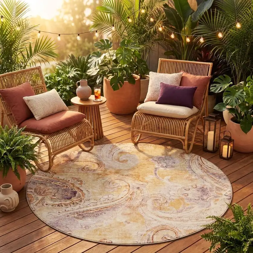 8' Copper And Orange Round Paisley Washable Indoor Outdoor Area Rug Photo 1