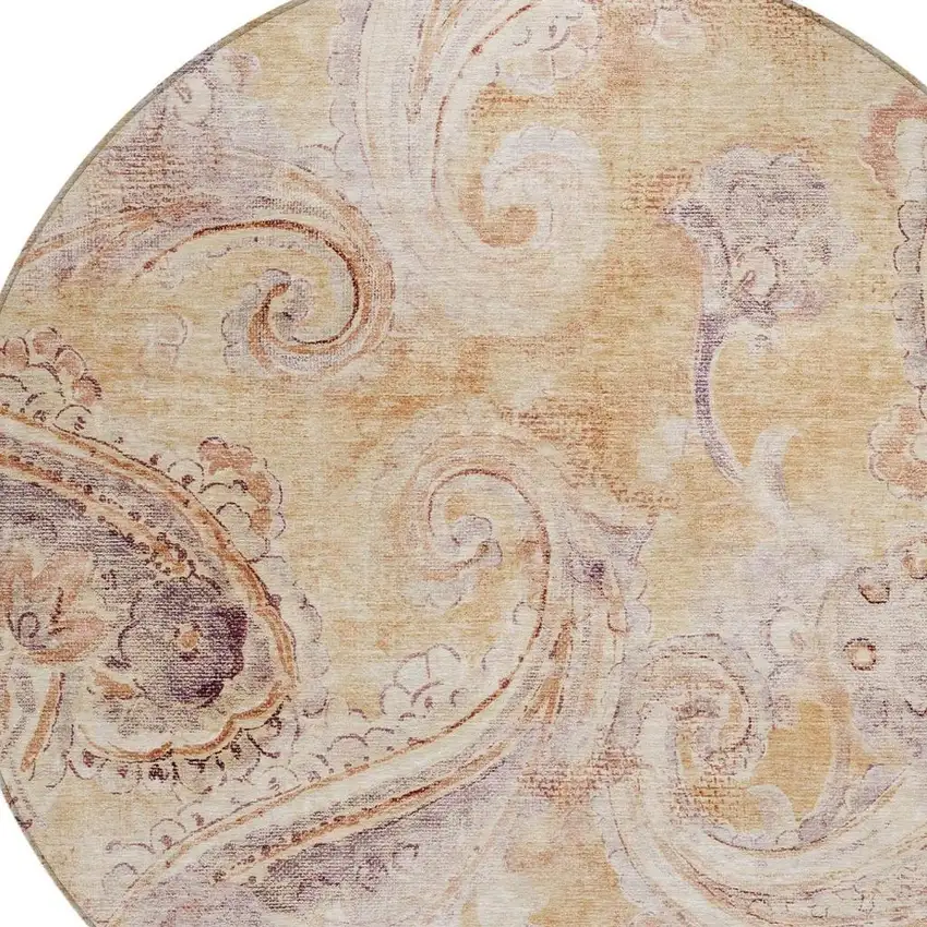 8' Copper And Orange Round Paisley Washable Indoor Outdoor Area Rug Photo 4