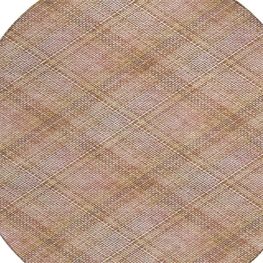 8' Copper And Orange Round Plaid Washable Indoor Outdoor Area Rug Photo 8