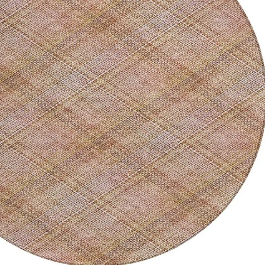 8' Copper And Orange Round Plaid Washable Indoor Outdoor Area Rug Photo 4