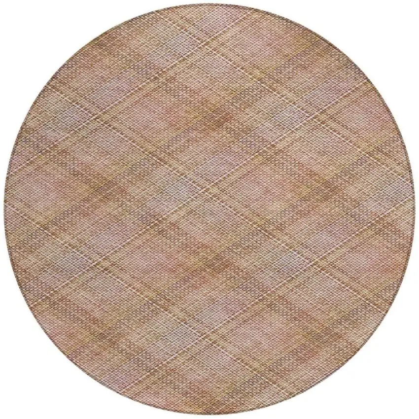 8' Copper And Orange Round Plaid Washable Indoor Outdoor Area Rug Photo 1