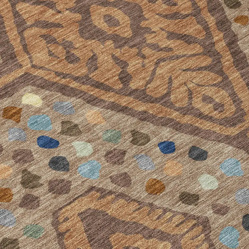 8' Copper And Orange Round Tribal Washable Indoor Outdoor Area Rug Photo 7