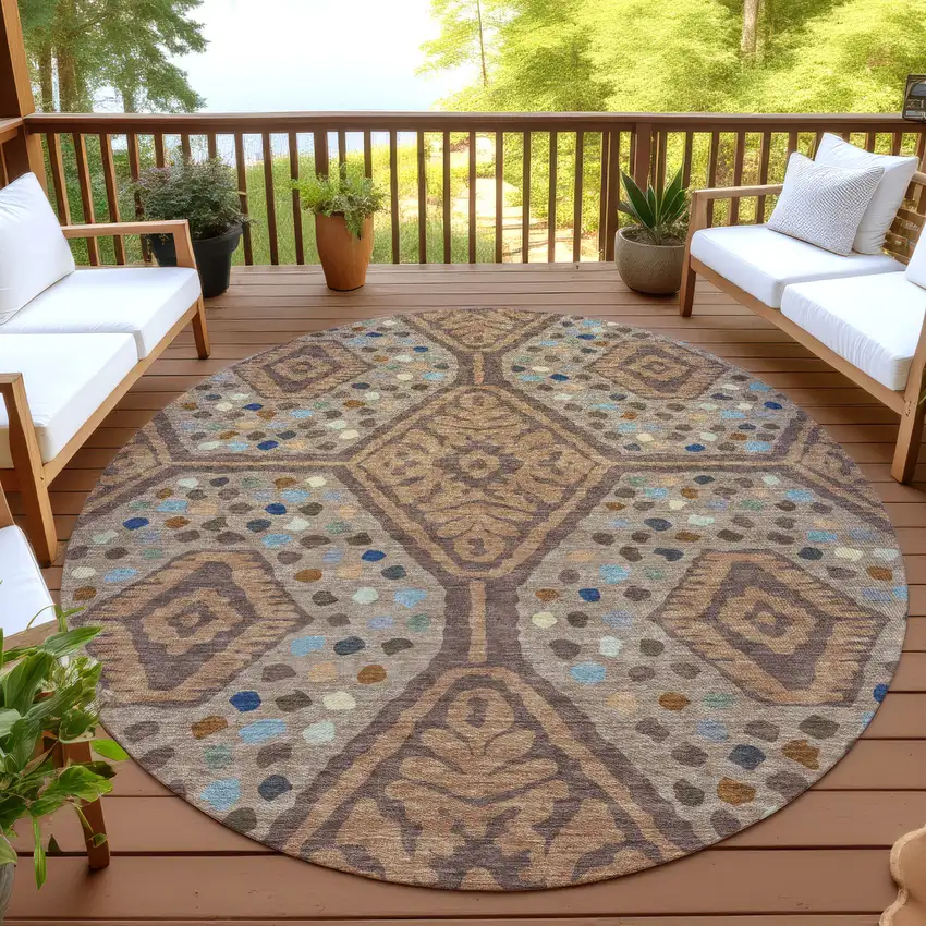 8' Copper And Orange Round Tribal Washable Indoor Outdoor Area Rug Photo 4