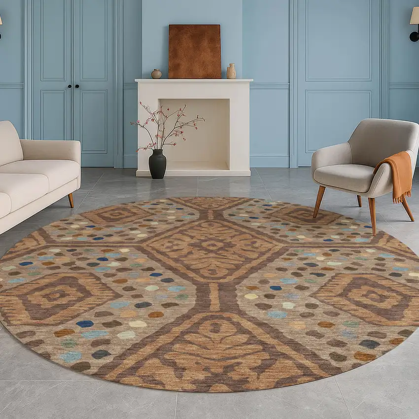 8' Copper And Orange Round Tribal Washable Indoor Outdoor Area Rug Photo 5