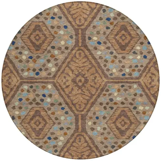 8' Copper And Orange Round Tribal Washable Indoor Outdoor Area Rug Photo 3