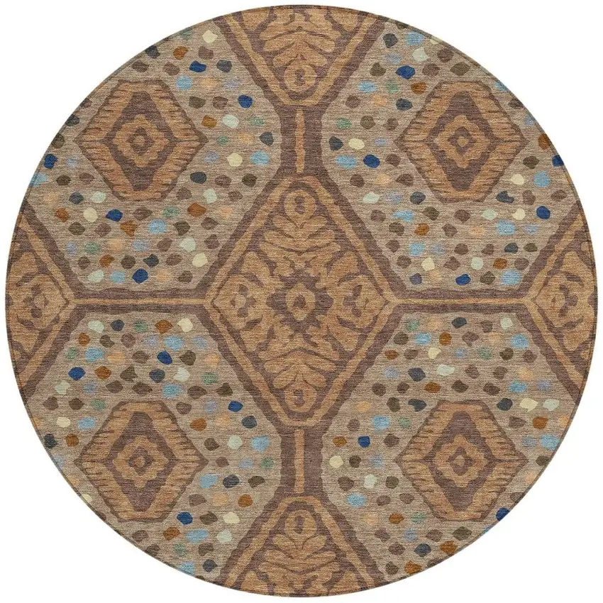 8' Copper And Orange Round Tribal Washable Indoor Outdoor Area Rug Photo 3