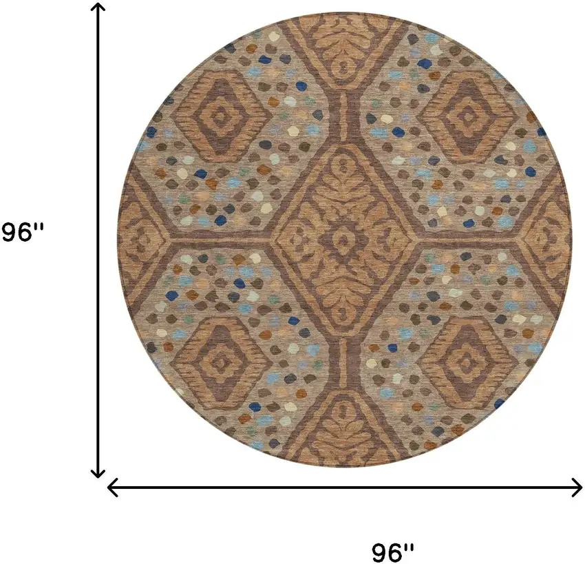 8' Copper And Orange Round Tribal Washable Indoor Outdoor Area Rug Photo 8