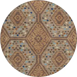 Photo of 8' Copper And Orange Round Tribal Washable Indoor Outdoor Area Rug