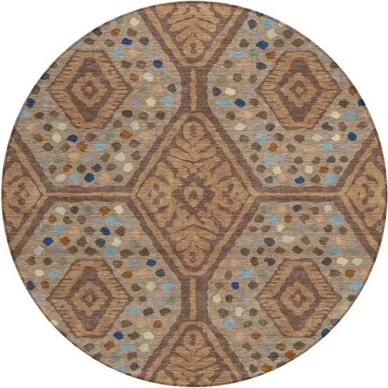 8' Copper And Orange Round Tribal Washable Indoor Outdoor Area Rug Photo 1