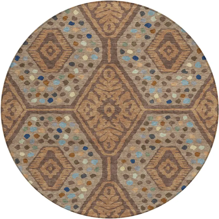 8' Copper And Orange Round Tribal Washable Indoor Outdoor Area Rug Photo 1