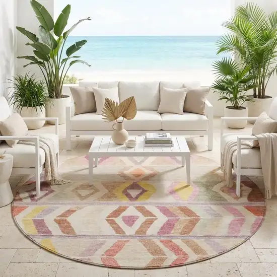 8' Copper And Orange Round Tribal Washable Indoor Outdoor Area Rug Photo 1