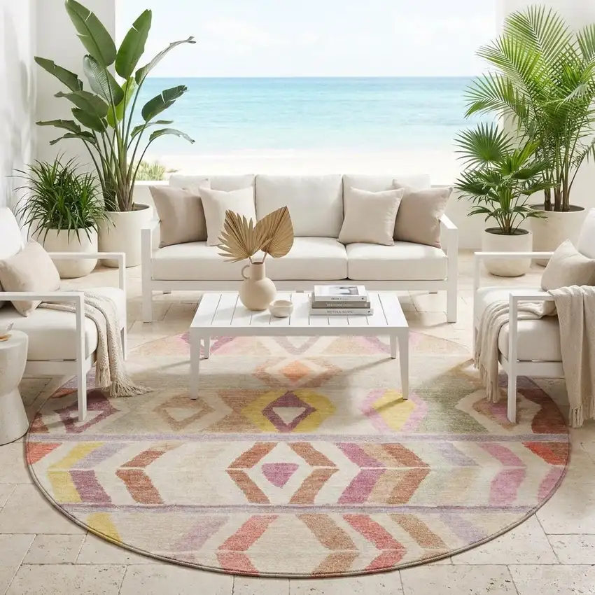 8' Copper And Orange Round Tribal Washable Indoor Outdoor Area Rug Photo 1