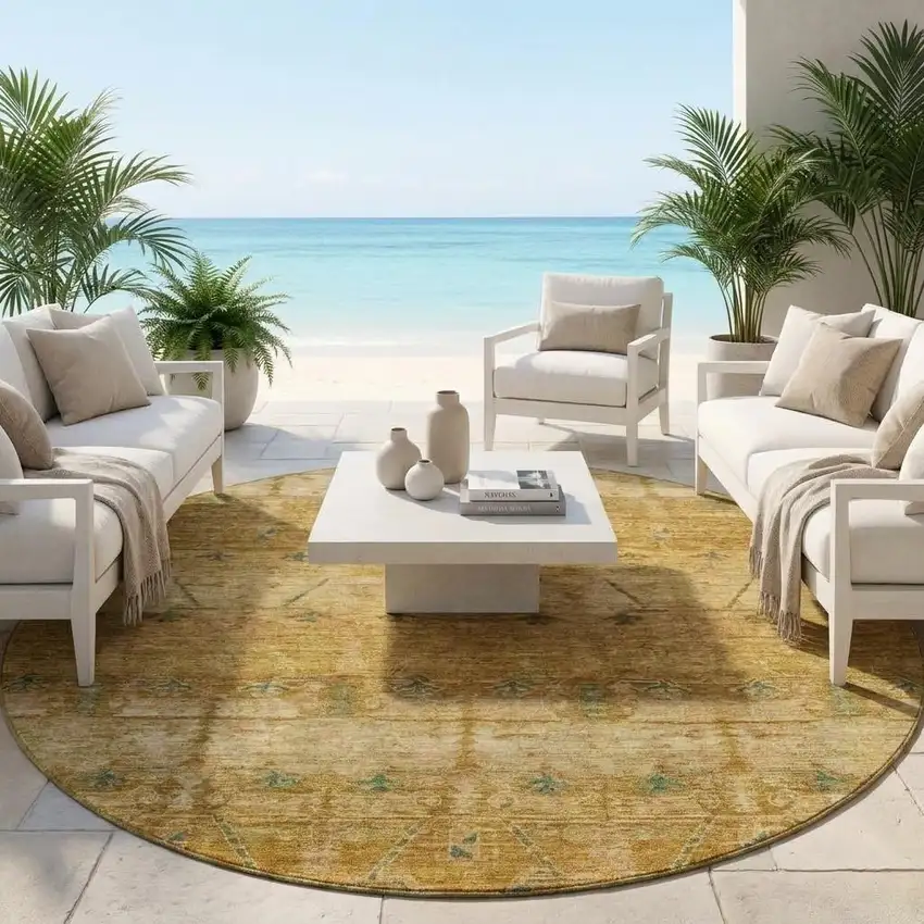 8' Copper And Orange Round Tribal Washable Indoor Outdoor Area Rug Photo 1