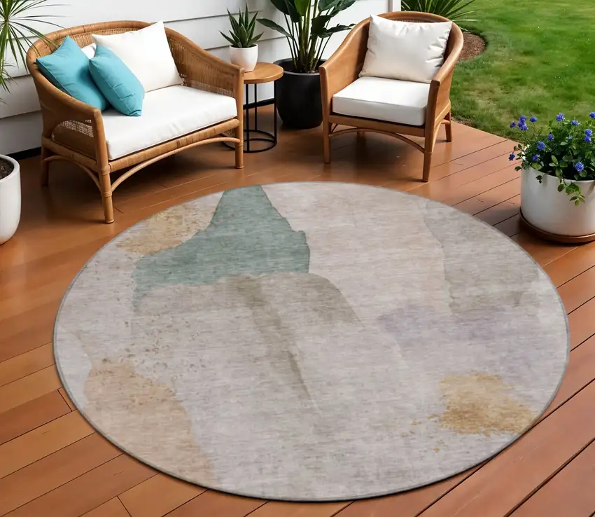8' Copper And Pale Aqua Round Abstract Washable Indoor Outdoor Area Rug Photo 2