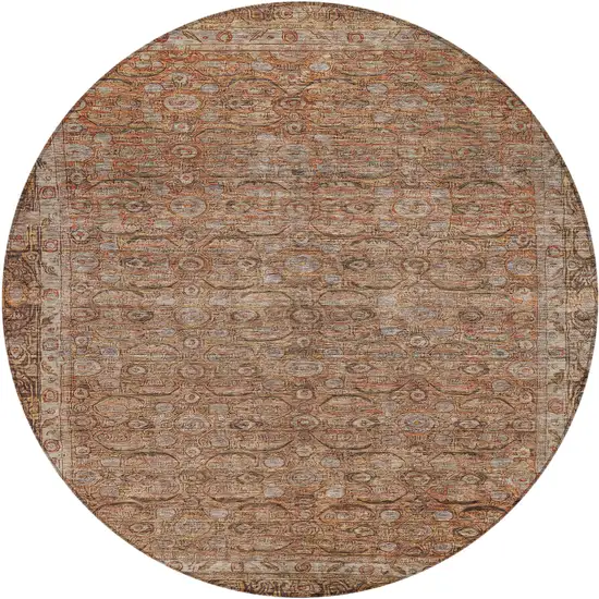 8' Copper And Peach Round Floral Washable Indoor Outdoor Area Rug Photo 1