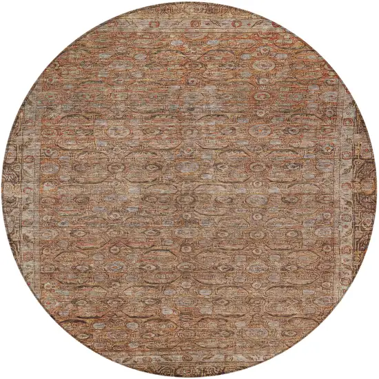 8' Copper And Peach Round Floral Washable Indoor Outdoor Area Rug Photo 3
