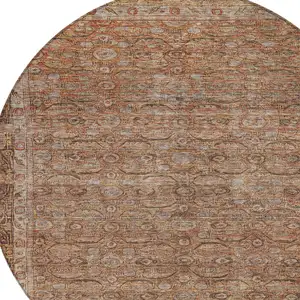 Photo of 8' Copper And Peach Round Floral Washable Indoor Outdoor Area Rug